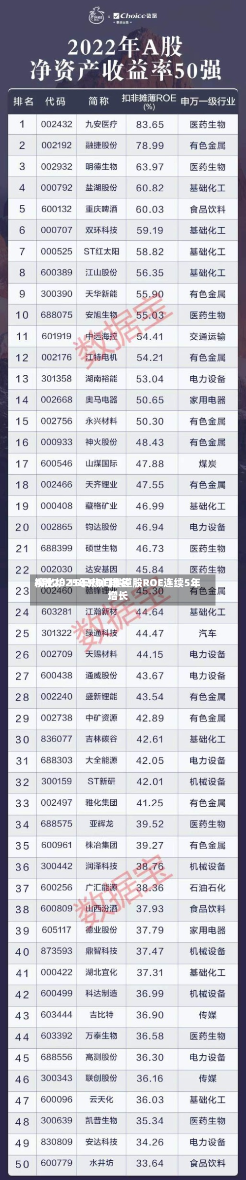 A股2025年ROE排名榜出炉 15只热门赛道股ROE连续5年增长