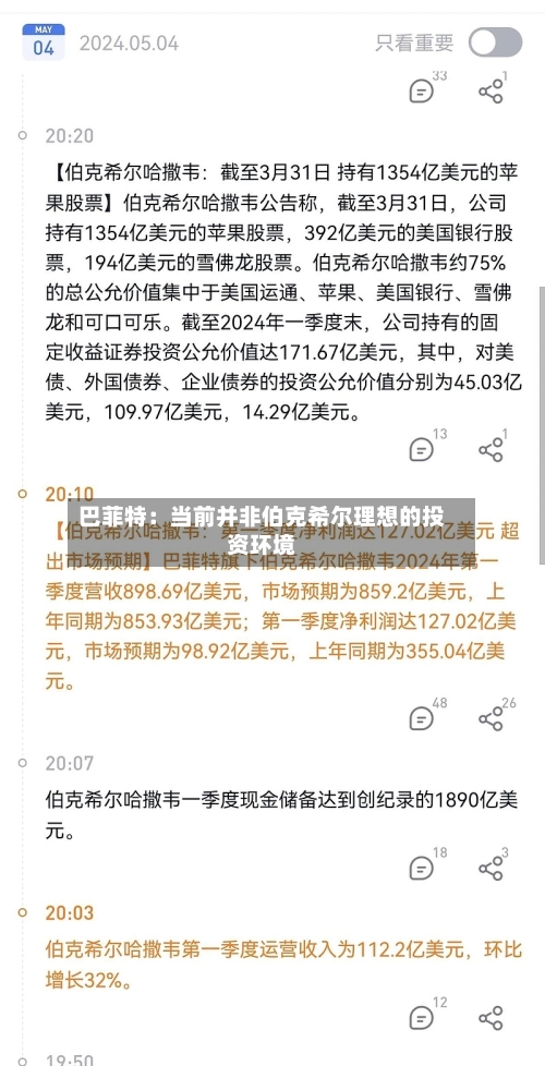 巴菲特：当前并非伯克希尔理想的投资环境